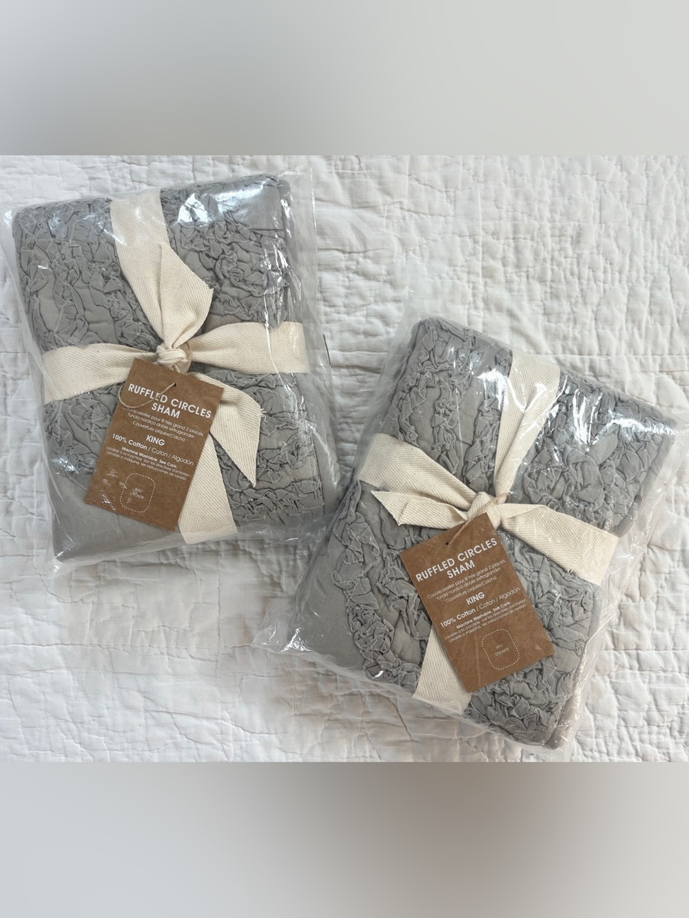 x2 NWT West Elm Ruffled Circles 100% Cotton Shams Gray KING New